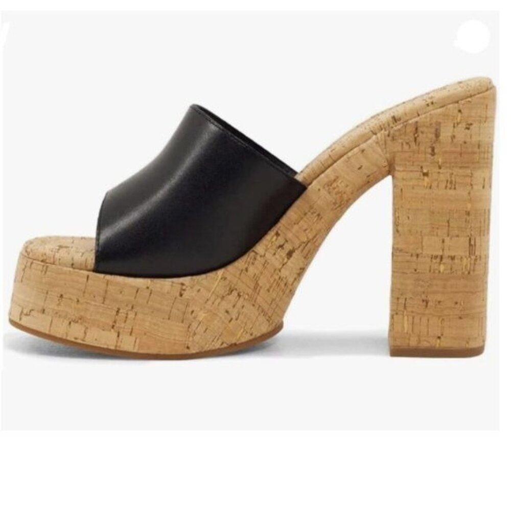 Black Leather Cork Platform Mule Heels